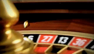 "An animated close-up of a spinning roulette wheel"