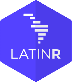 Hexagonal logo for LatinR. The background is a vibrant blue-purple. At the top center is a stylized, horizontal-bar silhouette of Latin America in white. Below it, the text 'LATINR' appears in white capital letters.