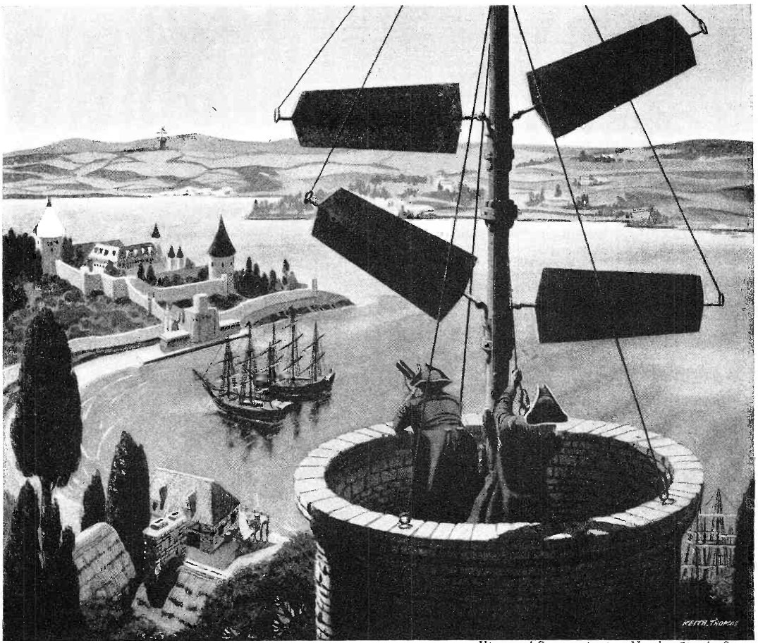 Illustration of communication by mechanical semaphore in 1800s France. Lines of towers supporting semaphore masts were built within visual distance of each other. The arms of the semaphore were moved to different positions, to spell out text messages. The operators in the next tower would read the message and pass it on. Invented by Claude Chappee in 1792, semaphore was a popular communication technology in the early 19th century until the telegraph replaced it. (source: wikipedia.org)