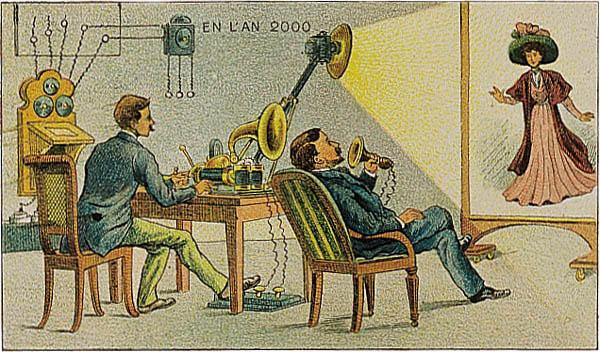 Postcard from 1900 showing how people in the year 2000 will communicate using audio and projected video