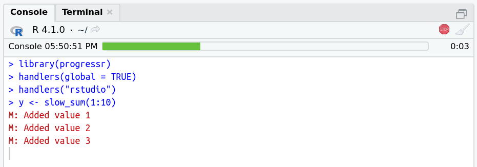 A screenshot of the upper part of the RStudio Console panel. Below the title bar, which says 'R 4.1.0 ~/', there is a row with the text 'Console 05:50:51 PM' left of a green progress bar at 30% followed by the text '0:03'. Below these two lines are the R commands called this far, which are the same as in the below example. Following the commands, is output 'M: Added value 1', 'M: Added value 2', and 'M: Added value 3', from the first steps that have completed this far.