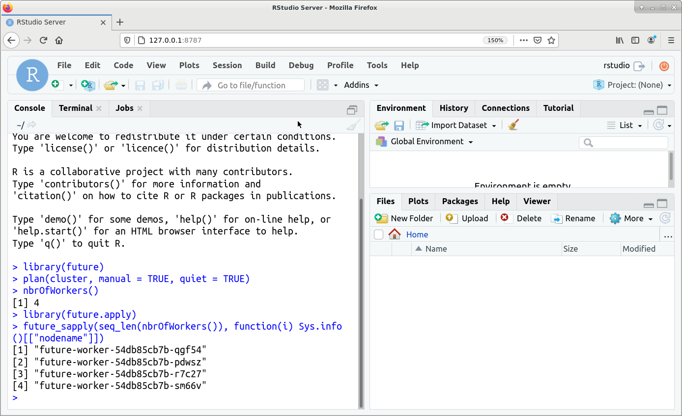 RStudio interface, demonstrating use of future commands