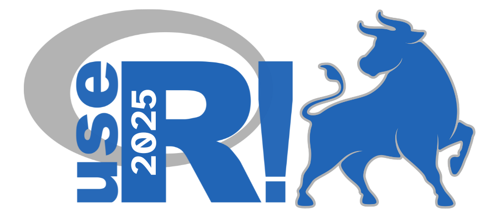 Logo for useR! 2025 featuring the word 'use' rotated vertically in blue, the number '2025' in white on a blue vertical bar forming the left side of a large blue letter 'R', and an exclamation mark. A stylized gray letter 'R' outline appears in the background, and a blue bull stands to the right, facing forward.