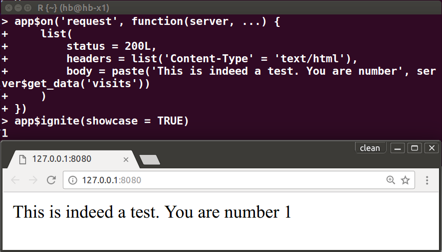 Screenshot of fiery web server and R terminal